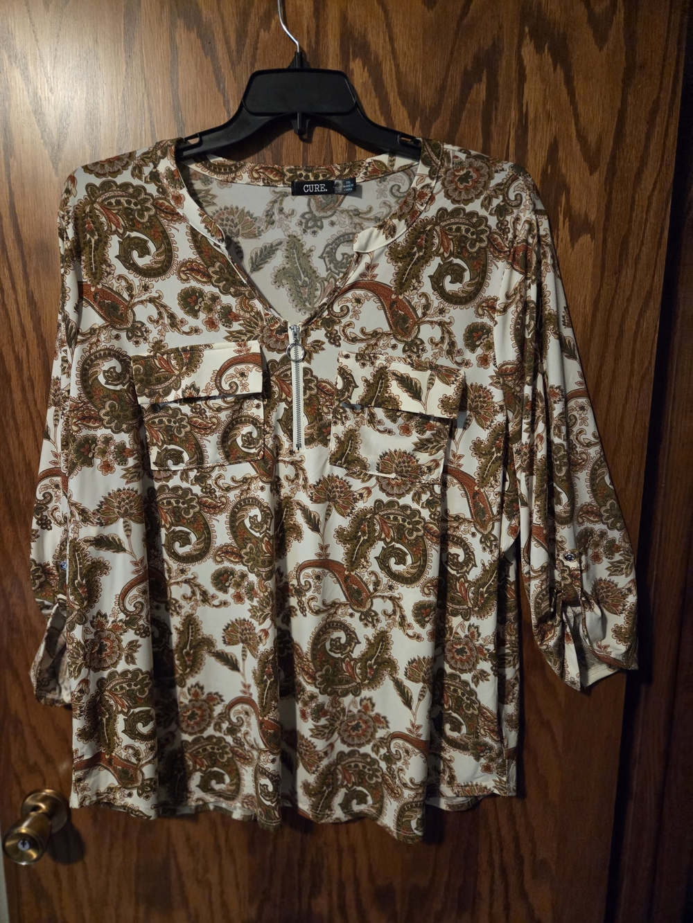 Curb Paisley Zip-Front 3/4 Sleeve Blouse in Cream & Olive